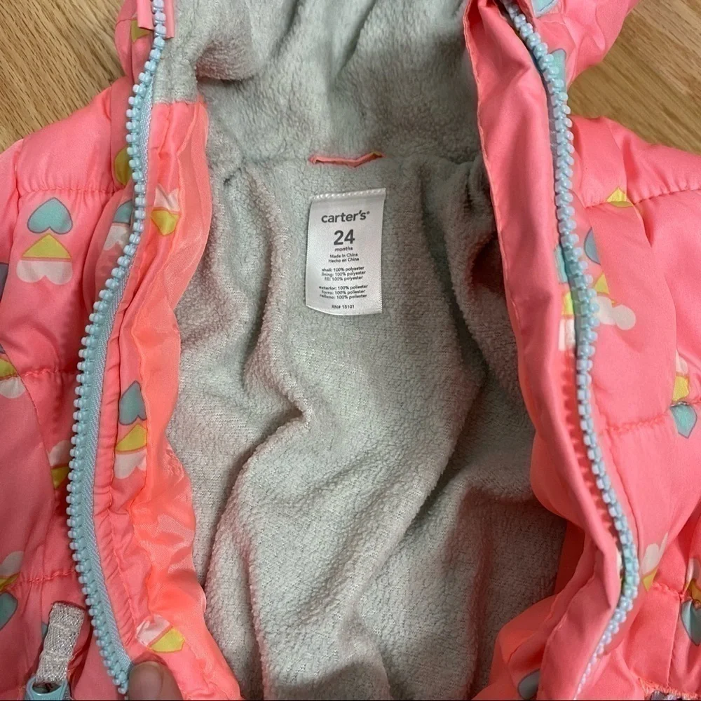 Carter’s Pink Puffer Coat Jacket Heart Print Hooded Full Zip 24 months Girls